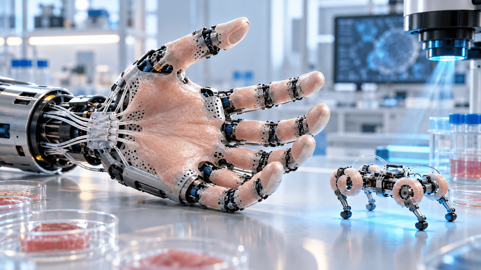 Cultivated living skin growing across a biohybrid robotic hand in a tissue-engineering laboratory